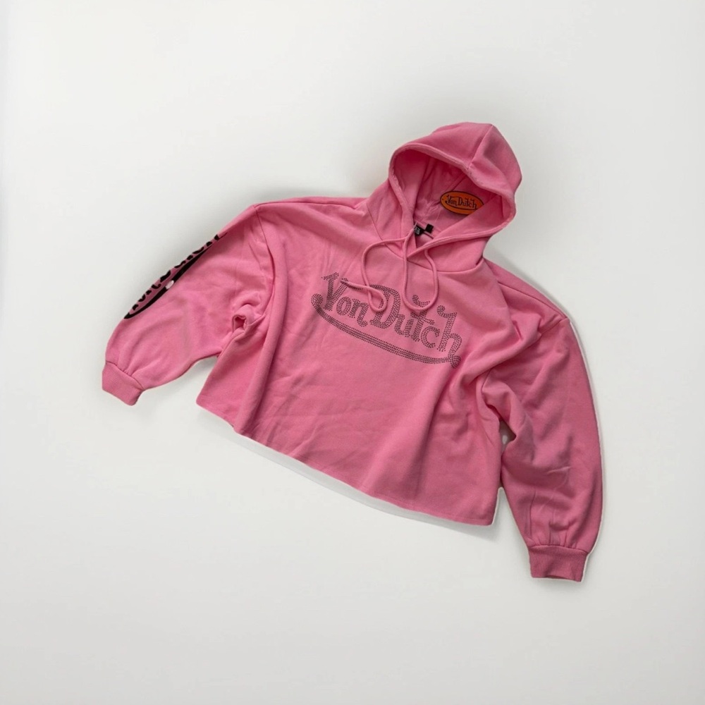 NWT Von Dutch Crop Black Embellished Rhinestone Barbie Pink Logo Hoodie Y2K Sz M - Picture 3 of 4